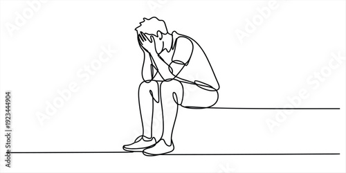 Continuous line drawing of a distressed man sitting with his head in his hands in despair