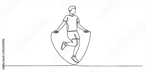 Continuous line drawing of a young man jumping rope for exercise and fitness on white background.