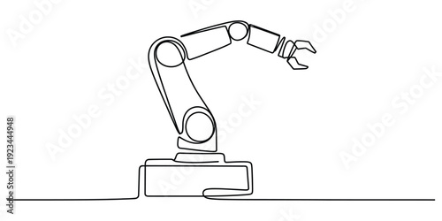 Single line drawing of an industrial robotic arm manipulator for automation and technology.