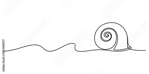 Continuous line drawing of a spiral snail shell sitting on a simple wavy horizontal ground line.