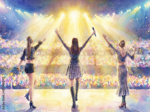 K-pop idol concert, graduation stage, cheering audience with glow sticks, live performance atmosphere （K-POPアイドルのコンサート、卒業ステージ、ペンライトを持つ観客、ライブパフォーマンスの雰囲気）