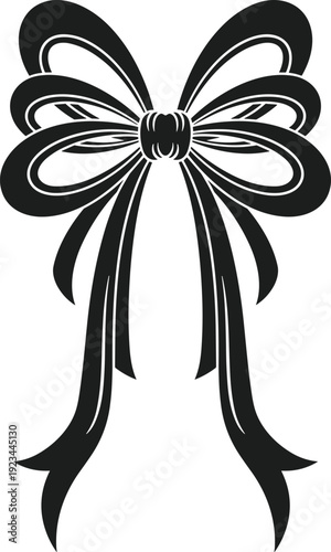 Black bow silhouette vector graphic with flowing ribbons gift decoration