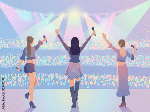 K-pop idol concert, graduation stage, cheering audience with glow sticks, live performance atmosphere （K-POPアイドルのコンサート、卒業ステージ、ペンライトを持つ観客、ライブパフォーマンスの雰囲気）