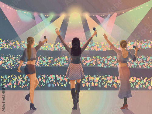 K-pop idol concert, graduation stage, cheering audience with glow sticks, live performance atmosphere （K-POPアイドルのコンサート、卒業ステージ、ペンライトを持つ観客、ライブパフォーマンスの雰囲気）