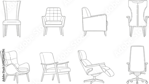 Modern chair and armchair line art set, various seating furniture views, minimalist interior outline vector illustration collection