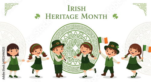 Illustration of children celebrating Irish Heritage Month with traditional dance and flags in a festive scene.