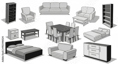 Collection of furniture items for home interior design.