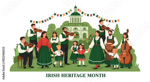 Illustration of people in traditional Irish attire celebrating Irish Heritage Month with musical instruments and colorful decorations.