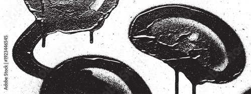 Abstract black ink drops and splatters on white background.