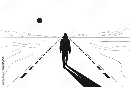 A solitary figure walks down a long empty road towards a distant sun