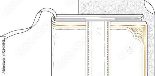 Ornate white book cover detail displays a decorative gold border and a silk ribbon bookmark against a plain background.