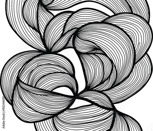 Abstract background composed of tightly drawn, flowing black contour lines creating interwoven, organic shapes against a.