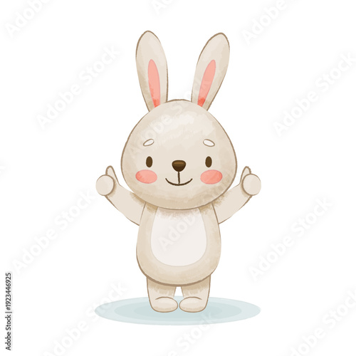 Cute kawaii bunny shows thumbs up. Vector illustration imitating hand drawn drawing. Hare illustration with textured effect. Isolated on white vector