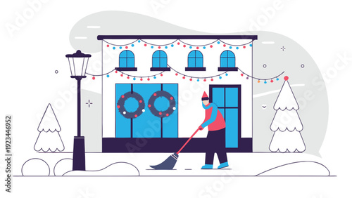 Cleaner sweeping snow outside a festive building adorned with Christmas lights and wreaths, next to a street lamp.