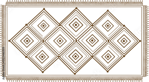Rectangular woven floor covering displaying a repeating pattern of nested brown diamond shapes with tassels along the short.
