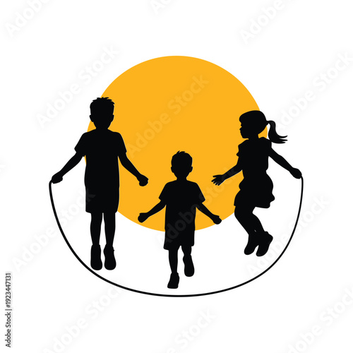 Children jumping rope silhouetted against a bright yellow circular background