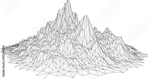 Wireframe digital terrain model depicts a complex mountain range structure in perspective view.