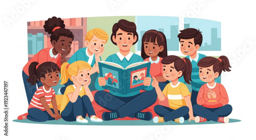Diverse group of children and teacher reading book together in classroom setting with colorful background