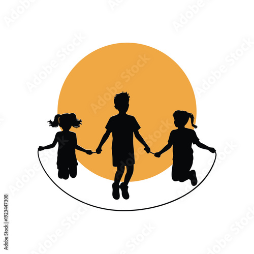 Silhouette of three children jumping rope against a vibrant orange circle backdrop