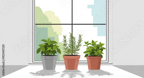 Three potted plants on a windowsill with a view of the outdoors indoor gardening green and serene atmosphere natural light