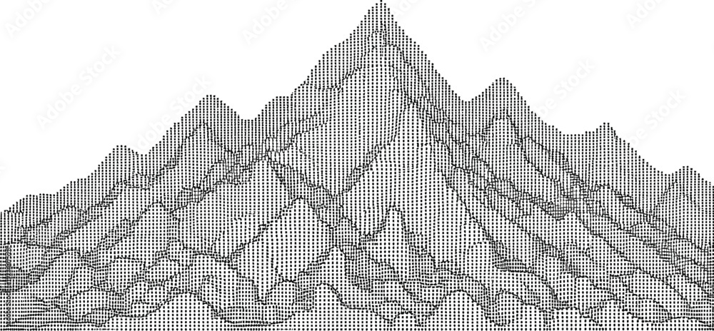 Fototapeta premium A detailed wireframe rendering depicts a sharp, jagged mountain range with numerous peaks against a white backdrop.