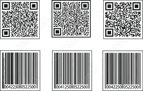 A collection of six distinct QR codes and corresponding linear barcodes are presented together for scanning purposes.