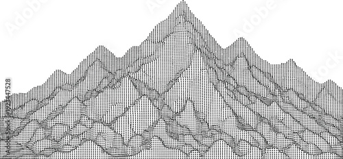 A detailed wireframe rendering depicts a sharp, jagged mountain range with numerous peaks against a white backdrop.