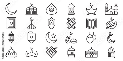 Islamic outline icons for ramadan celebration including lantern mosque and moon symbols for digital media