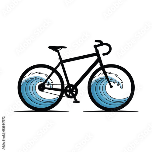 A black bicycle with water filling its wheels creating a wave effect
