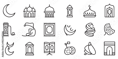 Ramadan line icons featuring mosque outline crescent moon and prayer rug for minimalist islamic web design
