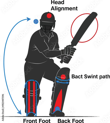 A silhouette diagram illustrates the correct head and foot alignment for a batsman executing a cricket shot.