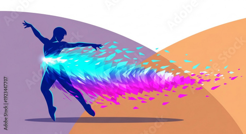Person dancing with vibrant colorful energy particles flowing from body