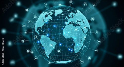 Digital Globe with Network Connections and Icons.