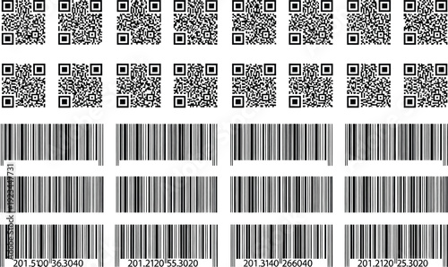Various black and white QR codes and linear barcodes are displayed in a grid pattern for identification purposes.
