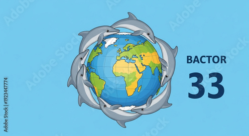 Earth surrounded by sharks with bactor 33 text on light blue background symbolizing global protection