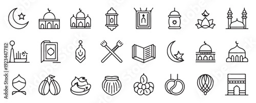 Ramadan kareem traditional muslim holidays line icons set. eid al fitr and eid al adha outline vector design