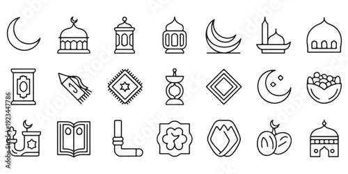 Ramadan kareem traditional muslim holidays line icons set. eid al fitr and eid al adha outline vector design
