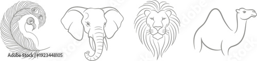 Four detailed line art drawings feature a peacock feather, an elephant head, a lion's mane, and a camel profile.