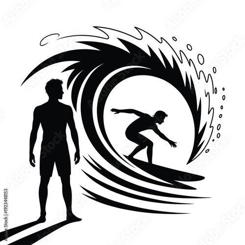 Silhouetted surfer and observer framed by a powerful swirling ocean wave