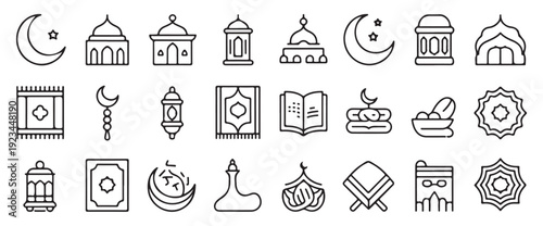 Religious islamic outline icon collection featuring mosques lanterns prayer mats and ramadan kareem art