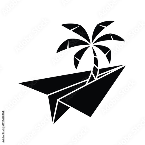 A black and white illustration of a paper airplane with a palm tree