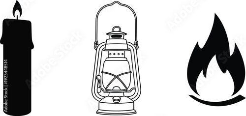 A black and white icon set displays a burning candle, an oil lantern, and a stylized flame graphic.
