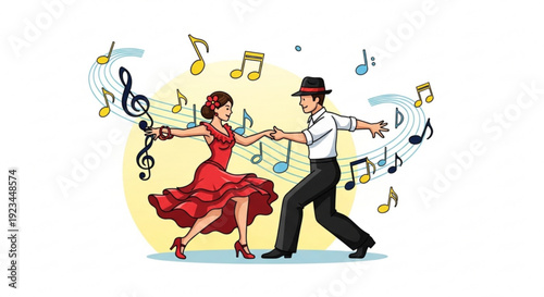 Couple dancing tango surrounded by musical notes lively scene with man in hat and woman in red dress fun and energetic atmosphere for music and dance concepts