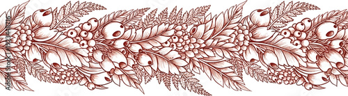 Monochrome botanical border design features repeating clusters of berries and detailed fern leaves across the horizontal.