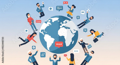 Diverse people around the globe communicating with speech bubbles symbolizing global connection and social interaction online