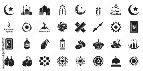 Ramadan kareem flat icons set with crescent moon mosque lantern and date fruit for islamic holiday designs