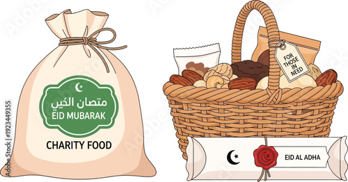 Charity food donations for Eid Mubarak include a tied sack of provisions next to a woven basket full of nuts and dried fruit.