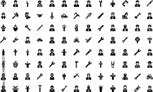 Construction and Industrial Worker Silhouette Icon Set Featuring Engineer, Builder, Technician Tools and Manufacturing Labor Profession Symbols Collection