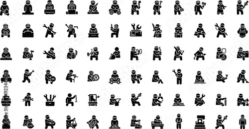 Construction Worker and Industrial Labor Occupation Silhouette Icon Set Featuring Builder, Engineer, Technician and Manufacturing Workforce Symbols Collection