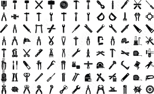 Hand Tools and Construction Worker Equipment Silhouette Icon Set Featuring Hammer, Wrench, Screwdriver and Industrial Repair Tool Collection